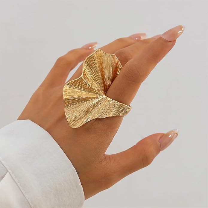 Chunky Gold Geometric Flower Knuckle Ring for Women Vintage Ginkgo Leaf Fan Shaped Finger Rings Boho Large Statement Jewelry Floral Petal Accessories