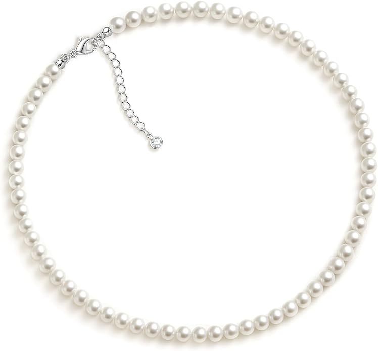 Zeffy Pearl Necklace 4MM/6MM/8MM Dainty Round Imitation Pearl Choker Necklace Wedding Pearl Necklace Delicate Jewelry for Women Simple Bridesmaid Jewelry Gifts