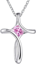 Cross Necklace for Women, 925 Sterling Silver Birthstone Necklace for Women with Diamond Sideways Cross Necklaces Birthstone Jewelry Birthday Gifts for Womens