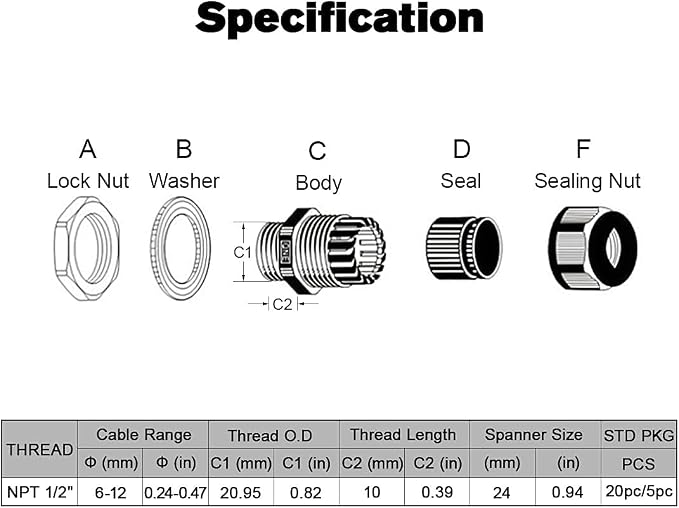 5 Pack NPT 1/2" Cable Glands Waterproof Adjustable 6-12mm Cable Connectors Grey - Image 2