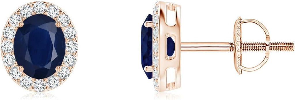ANGARA Natural Blue Sapphire Earrings for Women | Prong-Set Oval Blue Sapphire Stud Earrings with Diamond Halo in 14K Solid Gold/Platinum | September Birthday, Anniversary, Gemstone Jewellery Gift