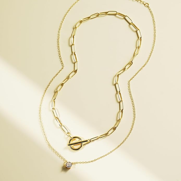 Layered Gold Necklaces for Women, Stackable 14K Gold Plated Necklace, Dainty Cross/Circle/Heart Pendant layered Necklace, Adjustable Dainty Gold/Silver Necklace Jewelry Set for Women