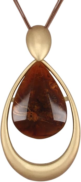 GelConnie Leather Necklace for Women Large Pendant Long Brown Necklace Circle Leather Choker Vintage Sweater Necklace Gold Chunky Boho Necklaces for Women