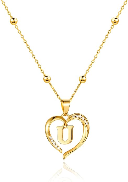 Cicy Bell Womens Heart Initial Necklace for Women 18k Gold Plated Shell Personalized Letter Pendant Necklace 17.7'' with 2'' Extender