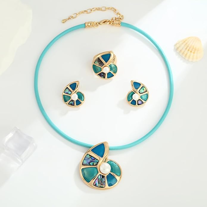 Chunky Statement Jewelry Set Blue Ocean Seashell Choker Necklaces Earrings Set for Women Pearl Bib Collar Necklaces for Party Prom Pageant Summer Fashion Jewelry Unique Birthday Gift