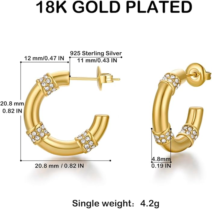 Gold Earrings for Women Girls,14K Gold Plated Hoop Earrings with 925 Sterling Silver Post Cubic Zirconia Stud Earring Huggie Hoops Earrings