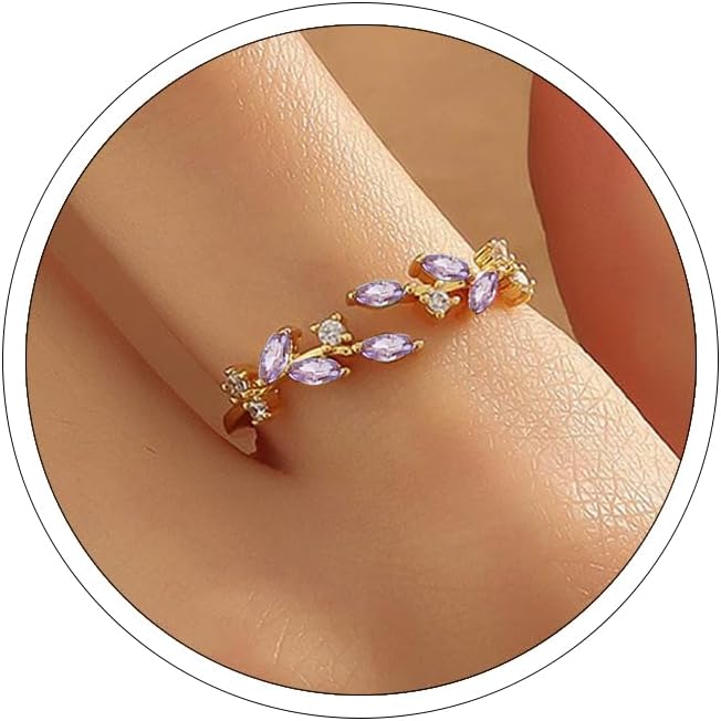 Gold Rings Non Tarnish Silver Adjustable Rings for Women Cubic Zirconia Leaf Ring Dainty Silver Stackable Ring for Women