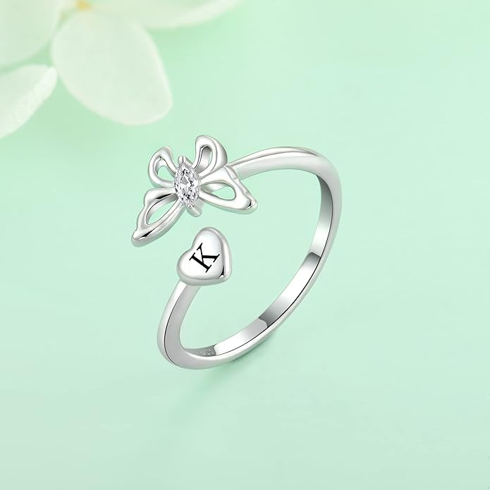 STARCHENIE Butterfly Initial Ring for Women 925 Sterling Silver Letters A-Z 26 Alphabet Adjustable Ring Size 7