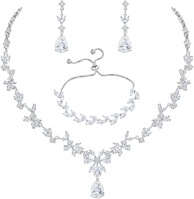 Bridal Wedding Jewelry CZ Set Marquise Teardrop Cubic Zirconia Pendant Necklace and Dangle Earring Bracelet Sets for Women