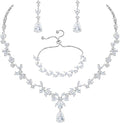 Bridal Wedding Jewelry CZ Set Marquise Teardrop Cubic Zirconia Pendant Necklace and Dangle Earring Bracelet Sets for Women