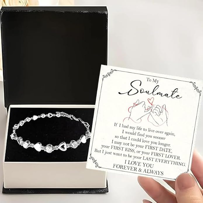 To My Soulmate Bracelet for Women, Heart Chain Bracelet with Shiny Stones, Perfect Birthday or Anniversary Christmas Gift for Soulmate with Message Card and Gift Box