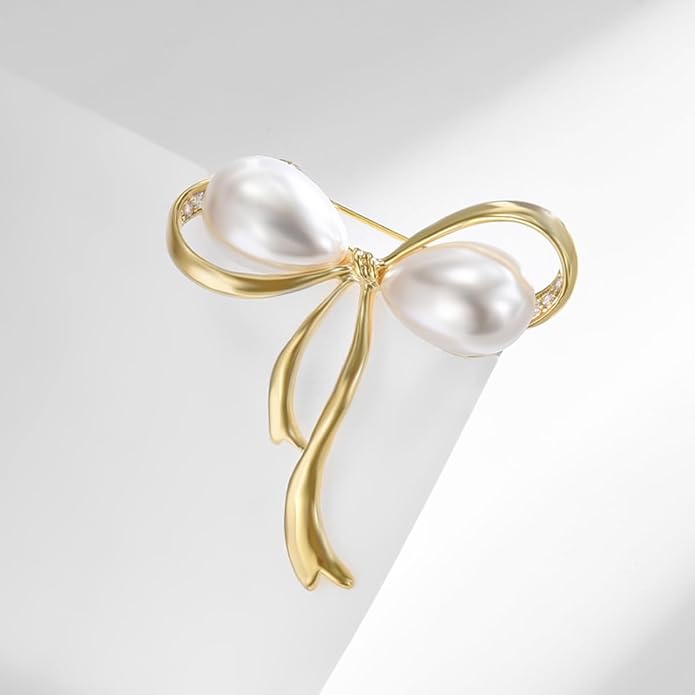 Bow Knot Pin Rhinestone Crystal Pearl Brooch 18k Gold Plated Lapel Pin Birthday Jewelry Gift for Women Men