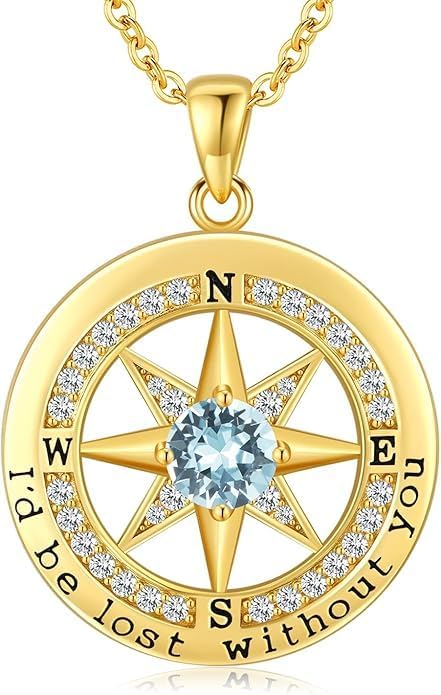 Compass Necklace for Women Wife Girlfriend Mom Daughter Gifts S925 Sterling Silver Jewelry For Anniversary Rose Gold Gifts For Birthday Christmas Mothers Valentines Day 12 Birthstones