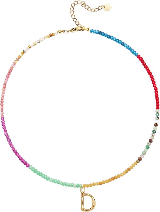 Beaded Initial Necklace for Women, Boho Natural Stone Semi-Precious Stone 18K Gold Plated Letter Pendant Rainbow Colorful Trendy Alphabet Dainty Choker Jewelry for Women Summer Beach Party