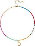 Beaded Initial Necklace for Women, Boho Natural Stone Semi-Precious Stone 18K Gold Plated Letter Pendant Rainbow Colorful Trendy Alphabet Dainty Choker Jewelry for Women Summer Beach Party