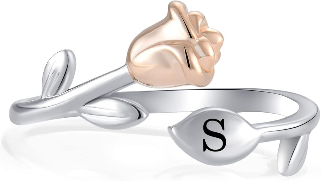 STARCHENIE Rose Initial Ring for Women 925 Sterling Silver Letters A-Z 26 Alphabet Adjustable Ring Size 7
