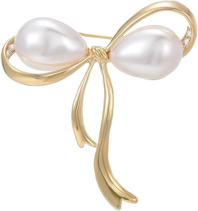 Bow Knot Pin Rhinestone Crystal Pearl Brooch 18k Gold Plated Lapel Pin Birthday Jewelry Gift for Women Men
