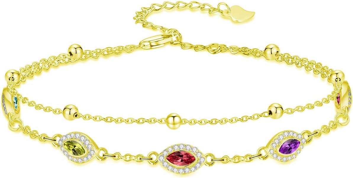 Evil Eye Birthstone Charm Link Bracelet 925 Sterling Silver Evil Eye Bracelet with 12 Months Birthstone Birthday Jewelry Gifts for Women Mom Her,Chain Length 7"+2" Extend