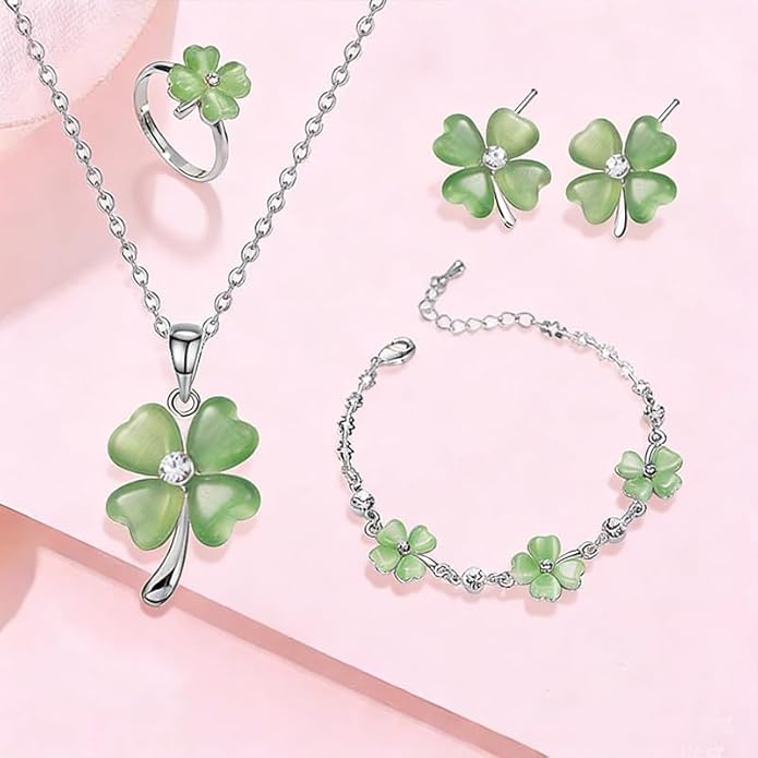 ONLYJUMP Four Leaf Clover Jewelry Set for Women Necklace Bracelet Earrings Ring Set Elegant Lucky Clover Design Cat Eye Stone Perfect Holiday Gift for St. Patrick's Day Valentine's Day Birthdays Daily Wear