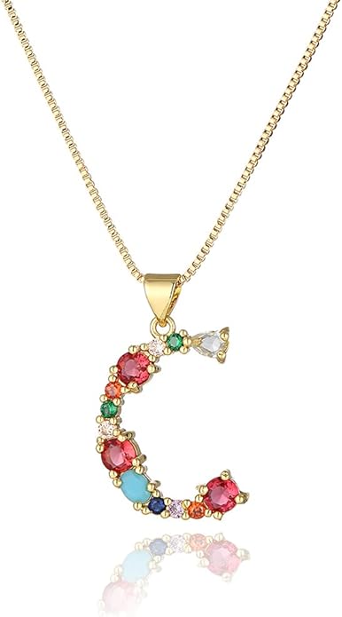 Eben-Ezer 18K Gold Box Chain Choker Initial Necklace Multi-Color Zircon Letter Pendant Script Name Custom Necklace for Women Gift Alphabet 26 A-Z