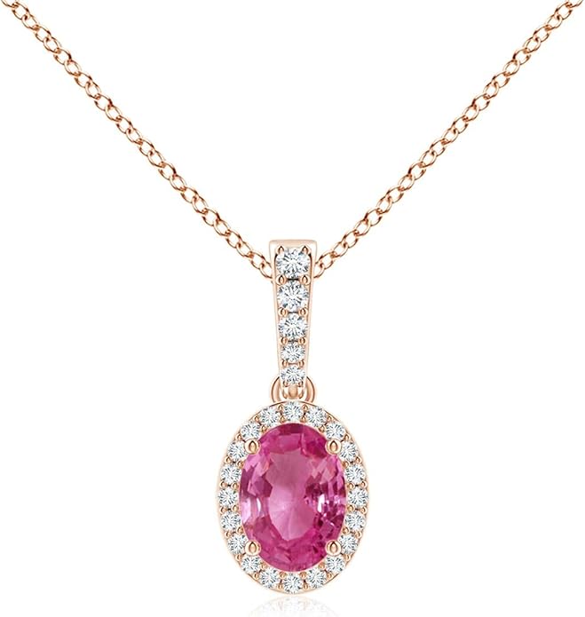 Angara Natural Pink Sapphire Pendant for Women | Vintage Style Oval Pink Sapphire Halo Pendant in 14K Solid Gold/Platinum With 18" Chain | Birthday, Anniversary, Gemstone Jewelry Gift