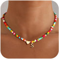 M MOOHAM Valentines Gifts for Kids Teen Girls- Colorful Beaded Initial Necklace for Women 14K Gold Plated Heart Initial Choker Necklaces for Women Girls Jewelry, Letter A-Z Pendant Birthday Gifts