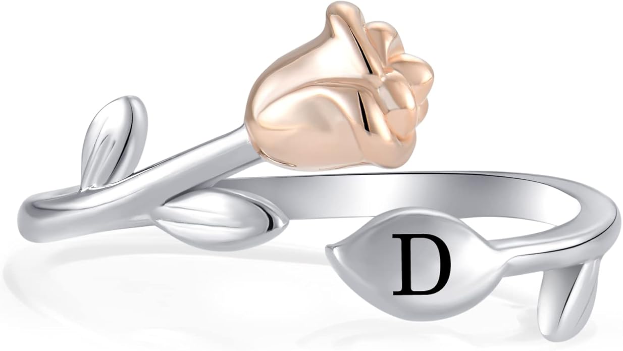 STARCHENIE Rose Initial Ring for Women 925 Sterling Silver Letters A-Z 26 Alphabet Adjustable Ring Size 7