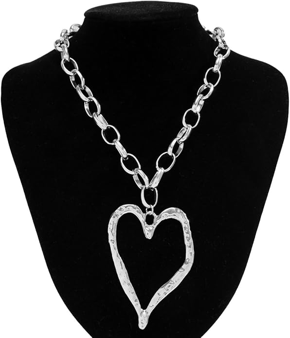 Chunky Gold Necklace Big Heart Necklace for Women Silver Large Statement Necklaces Thick Bold Chain Puffy Love Heart Charm Necklaces for Women with OT Toggle Silver Chunky Gold Jewelry Trendy Valentine's Day Gift
