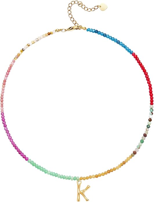 Beaded Initial Necklace for Women, Boho Natural Stone Semi-Precious Stone 18K Gold Plated Letter Pendant Rainbow Colorful Trendy Alphabet Dainty Choker Jewelry for Women Summer Beach Party