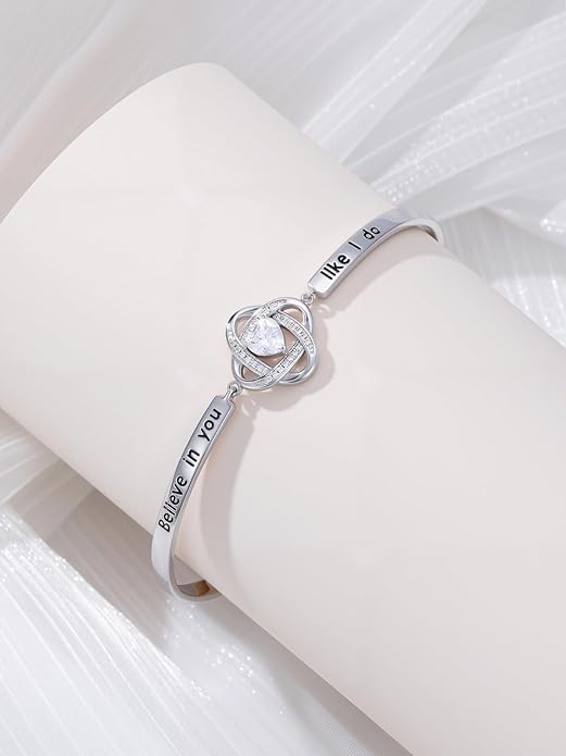 Valentines Day Gifts for Her, 18k White Gold Plated Love Knot Bracelets, Engraved Inspirational and Sentiment Bangle, Anniversary Birthday Jewelry Gift for Lover Wife Girlfriend Sister Friends