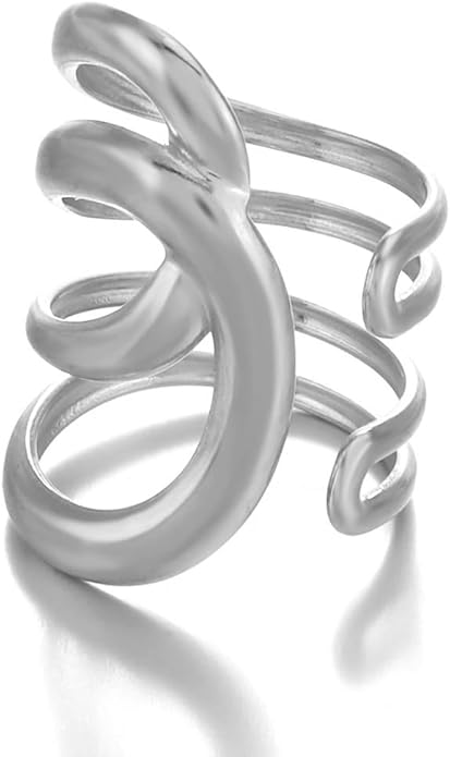 Chunky Rings For Women, Gold Silver Thumb Ring Asymmetrical Wavy Curve Ring Adjustable Non Tarnish Dainty Stainless Steel New Year Anniversary Birthday Jewelry Gift