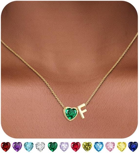 Valentines Day Gifts for Her- Heart Birthstone Initial Necklace for Women Girls,14K Gold Plated Heart Letter A-Z Necklace Birthday Trendy Jewelry Gifts for Women Girls Daughter