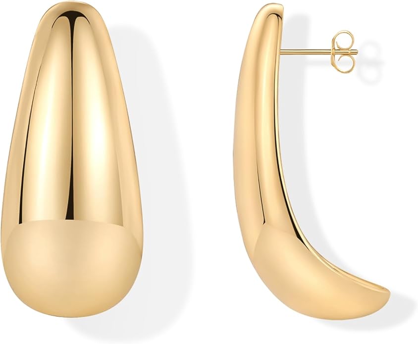 PAVOI 14K Gold Plated 925 Sterling Silver Posts Statement Earrings for Women - Geometric Dome Teardrop Drop Dangle Hoop Chunky Gold Earrings