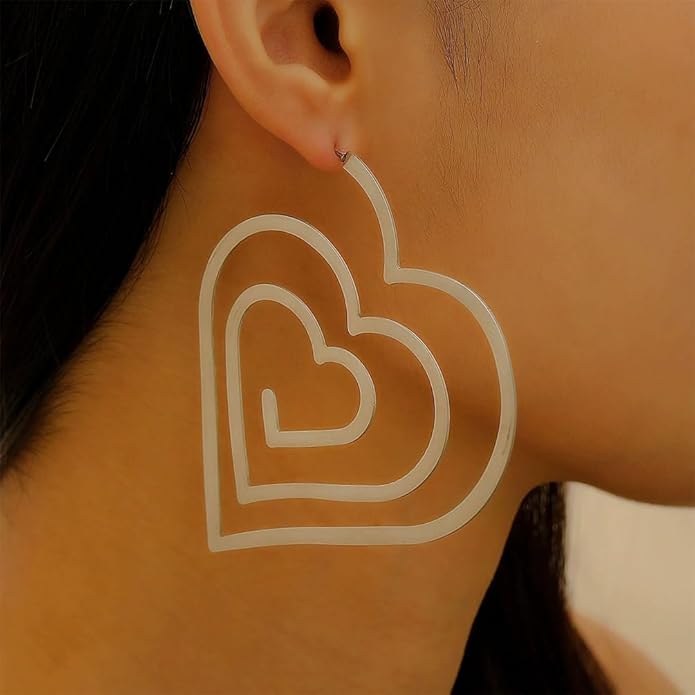 Trendy Large Gold Spiral Heart Stud Earring for Women, Statement Hollow Silver Big Love Hearts Y2k Earrings Bold Personalized Prom Party Jewelry Gifts