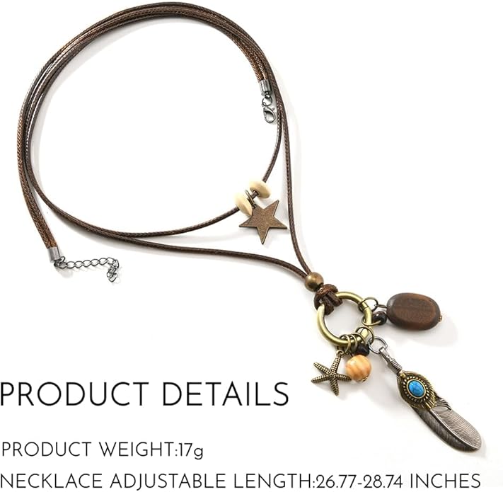 MEETCUTE Vintage Layered Necklace for Women, Leather Cord with Star Feather Turquoise Charms, Retro Boho-Statement Jewelry for Daily Outfit & GiftS