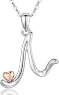 CELESTIA 925 Sterling Silver Initial Necklaces 26 Letter with Rose Gold Heart - 18 Inch Chain