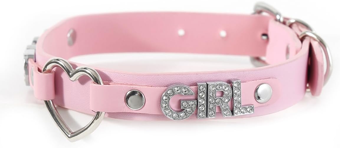 Succuba Handmade Heart Ring Rhinestone Letter Pu Leather Choker Collar Necklace for Women and Men