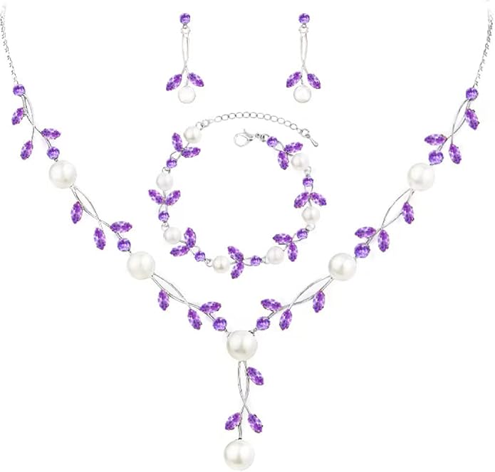 Luxury Cubic Zirconia Aurtrian Crystal Pearl Floral Necklace Dangle Earrings Wedding Bridal Jewelry Set Birthday Gifts for Her