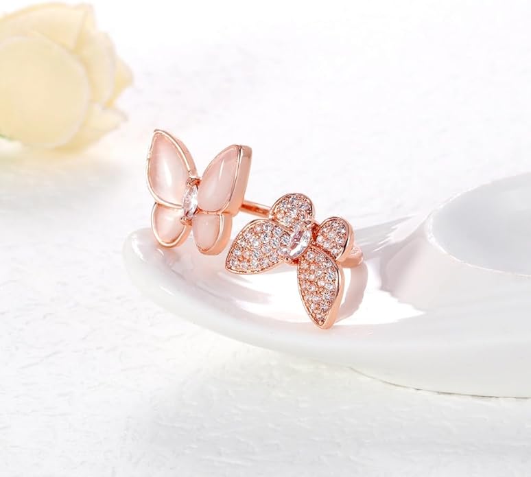 Double Butterfly Rings for Women AAA Cubic Zirconia Finger Ring Ladies Fashion Hand Jewelry Natural Stone Adjustable Ring