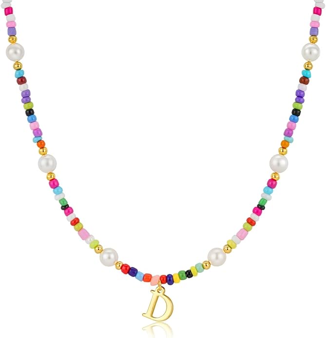 M MOOHAM Valentines Day Gifts for Kids Teen Girls - Colorful Initial Necklaces for Girls Women Kids, Beaded Pearl Choker Necklace for Women Trendy, Birthday Gifts Teenage Girl Teen Kid Jewelry