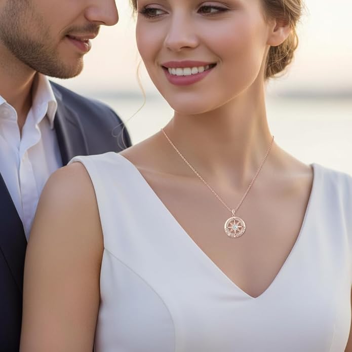 Compass Necklace for Women Wife Girlfriend Mom Daughter Gifts S925 Sterling Silver Jewelry For Anniversary Rose Gold Gifts For Birthday Christmas Mothers Valentines Day 12 Birthstones