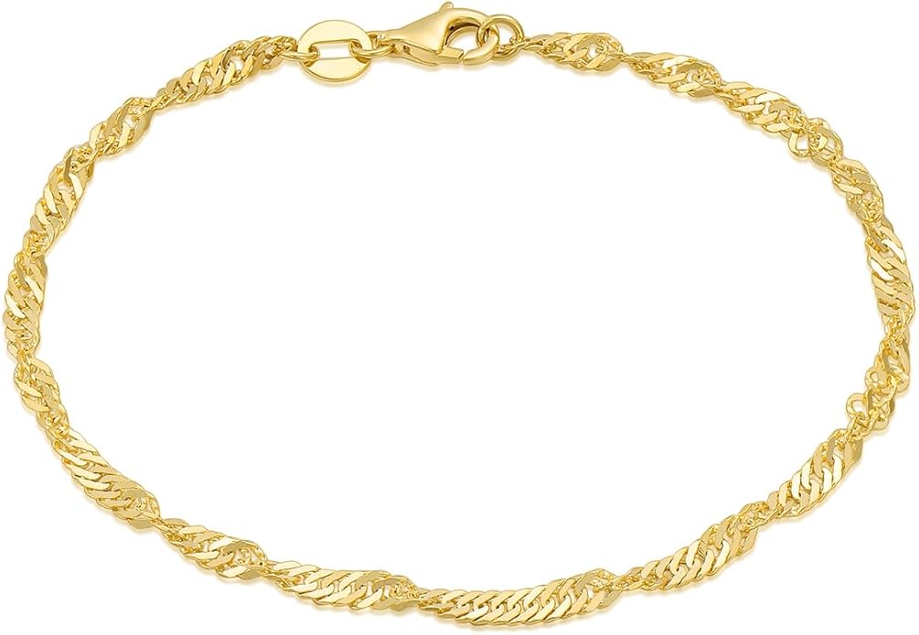 14K Yellow Gold 6-13 Inch 1.2mm-3.2mm Chain Bracelet Anklet for Women, Cuban Link Curb/Rope/Paper Clip/Round Snake/Herringbone/Bead/Water Wave, Thin Gold Chain Bracelet Durable Strong Real 14k Gold Chain Bracelet Anklet