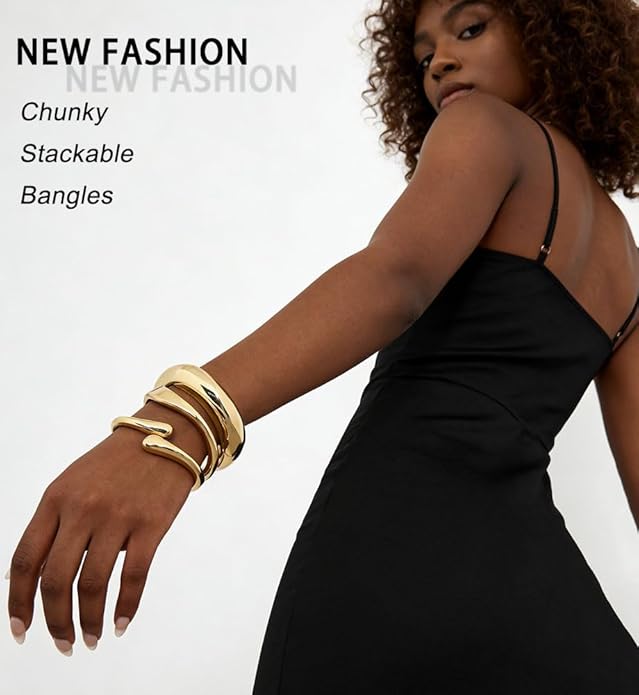 Chunky Gold Bangle Bracelets for Women, Dainty 14k Gold Plated Big Stackable Bangles Set, Trendy Statement Cuff Bracelet Stack Fashion Jewelry Gifts