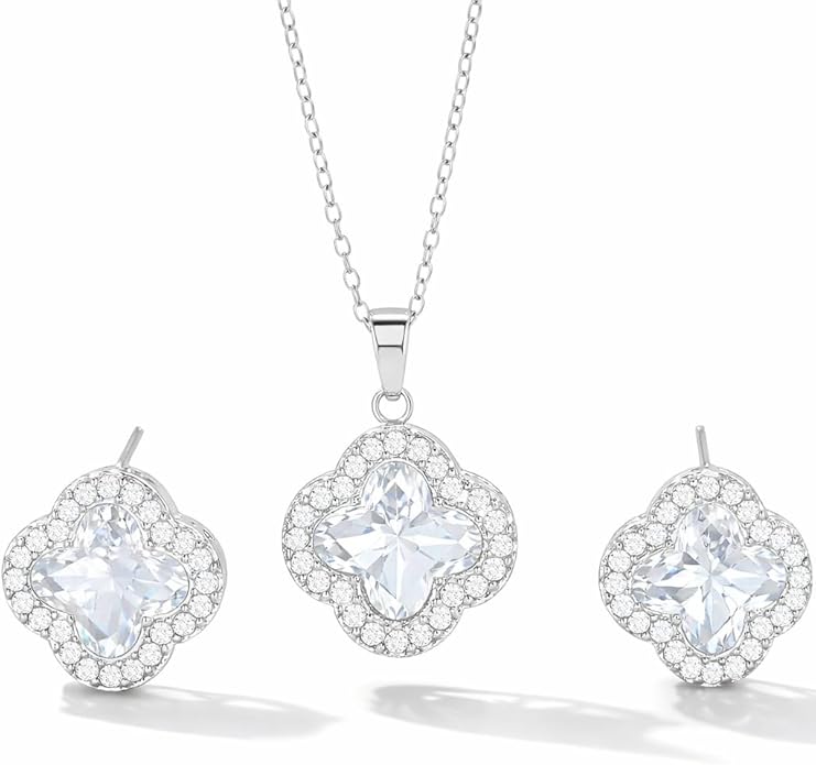 Four Leaf Clover Necklace and Earrings Set for Women, Clover Jewelry Set with Pendant Necklace and Stud Earrings, Brilliant Cubic Zirconia, Polished Metal Setting, Hypoallergenic, & Lightweight