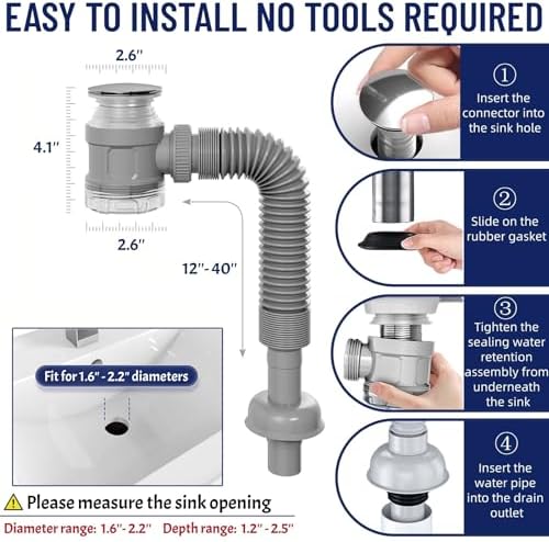 Bathroom Sink Drain Kit with Clear Bottle Trap and Flexible Water Seal Pipe - Image 6