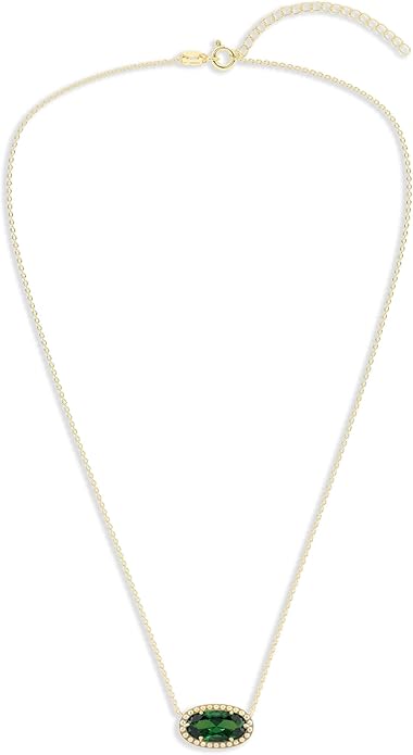 Belacqua Gemstone Necklace in 14K Gold Plated Sterling Silver, Oval Pendant Size 6 * 12mm, 15" Cable Chain with 2" Extender, Spring Ring Clasp, Dainty Birthstone Necklace for Women, Gift Box Included