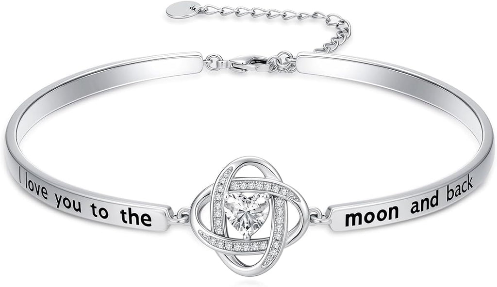 Valentines Day Gifts for Her, 18k White Gold Plated Love Knot Bracelets, Engraved Inspirational and Sentiment Bangle, Anniversary Birthday Jewelry Gift for Lover Wife Girlfriend Sister Friends