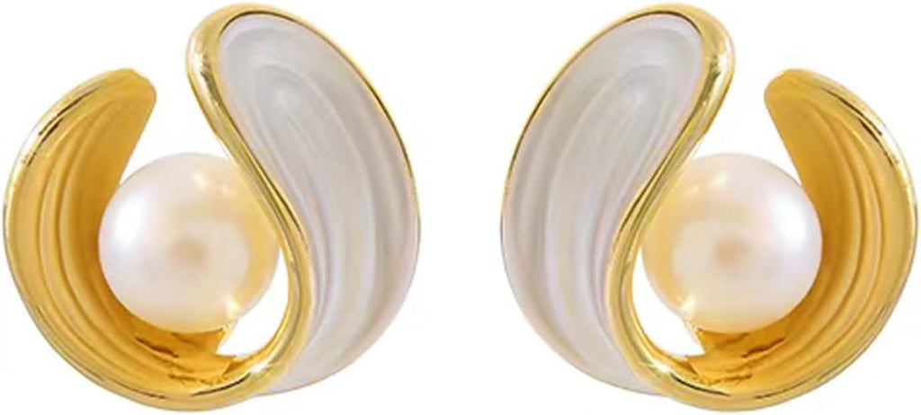 Pearl Stud Earrings for Women Stainless Steel Unique Statement Small Pearl Enamel Button Statement Vintage Earring Jewelry