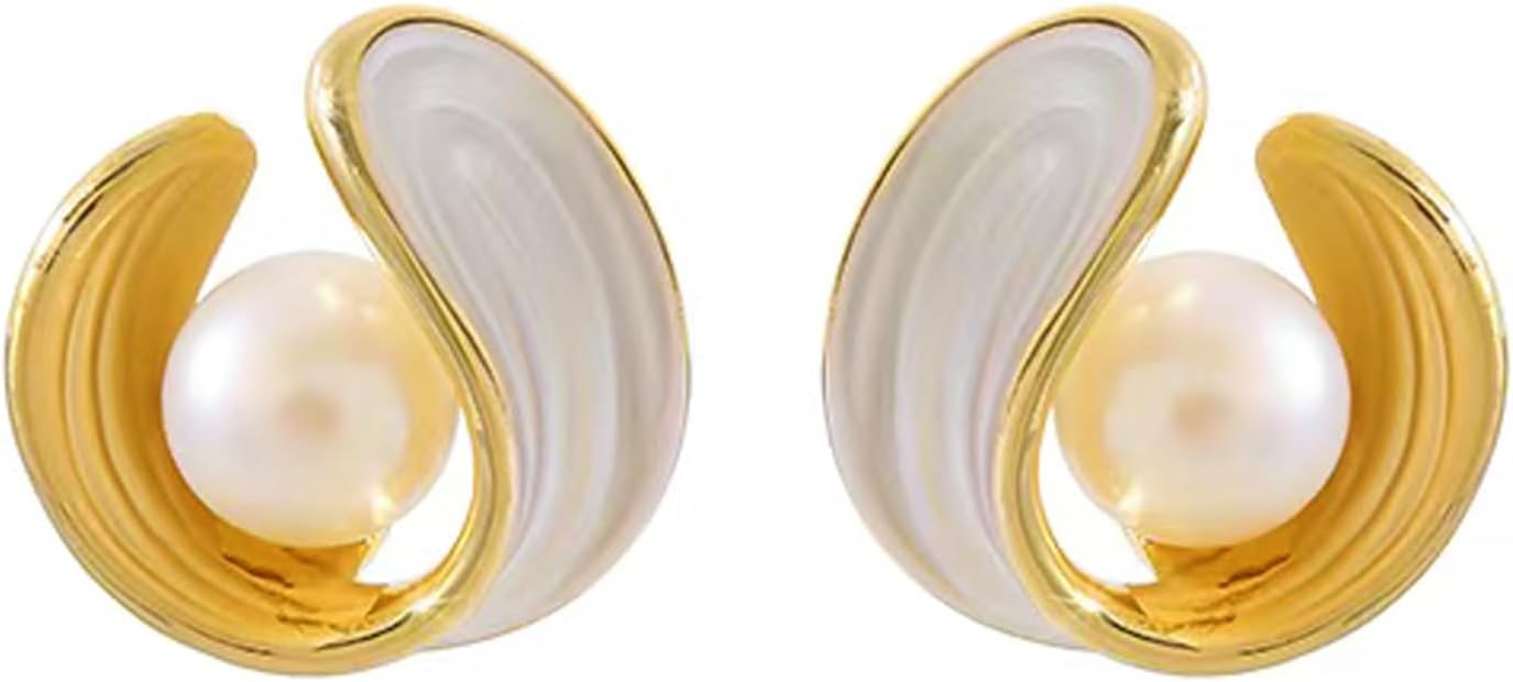Pearl Stud Earrings for Women Stainless Steel Unique Statement Small Pearl Enamel Button Statement Vintage Earring Jewelry