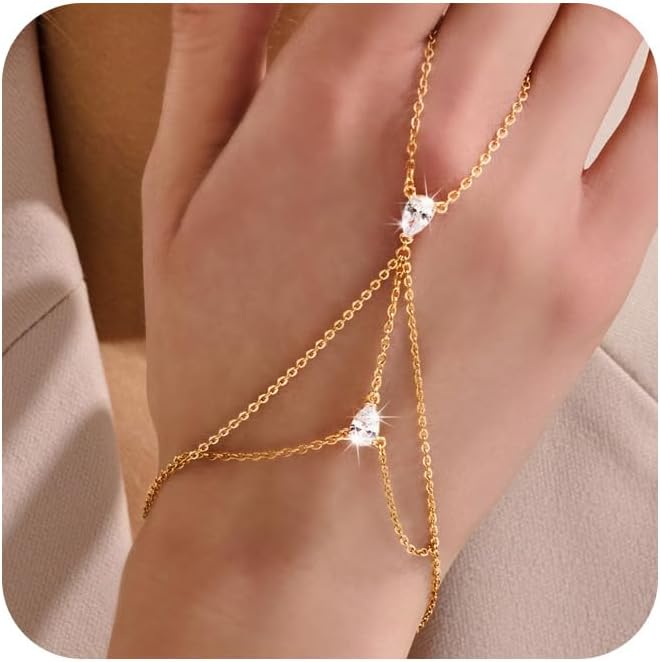 YOIHUR Champagne Gold Plated Hand Chains for Women, Adjustable Hand Chain Bracelet and Ring, Gold Hand Chain Bracelets Stack Jewellery Stars and Cubic Zirconia Hand Jewelry for Valentine's Day